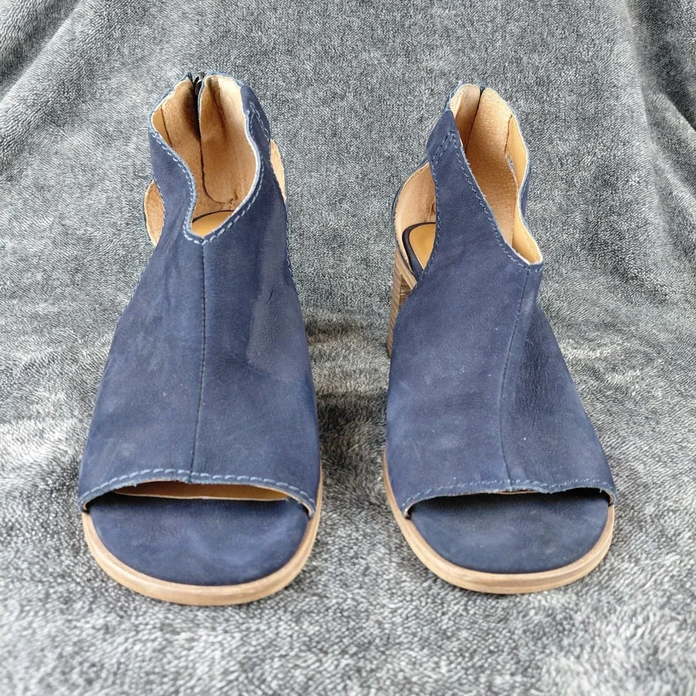 Lucky Brand Saimy Navy Blue Leather Peep‎ Toe Block Heel Sandals Mens 8M 38.5